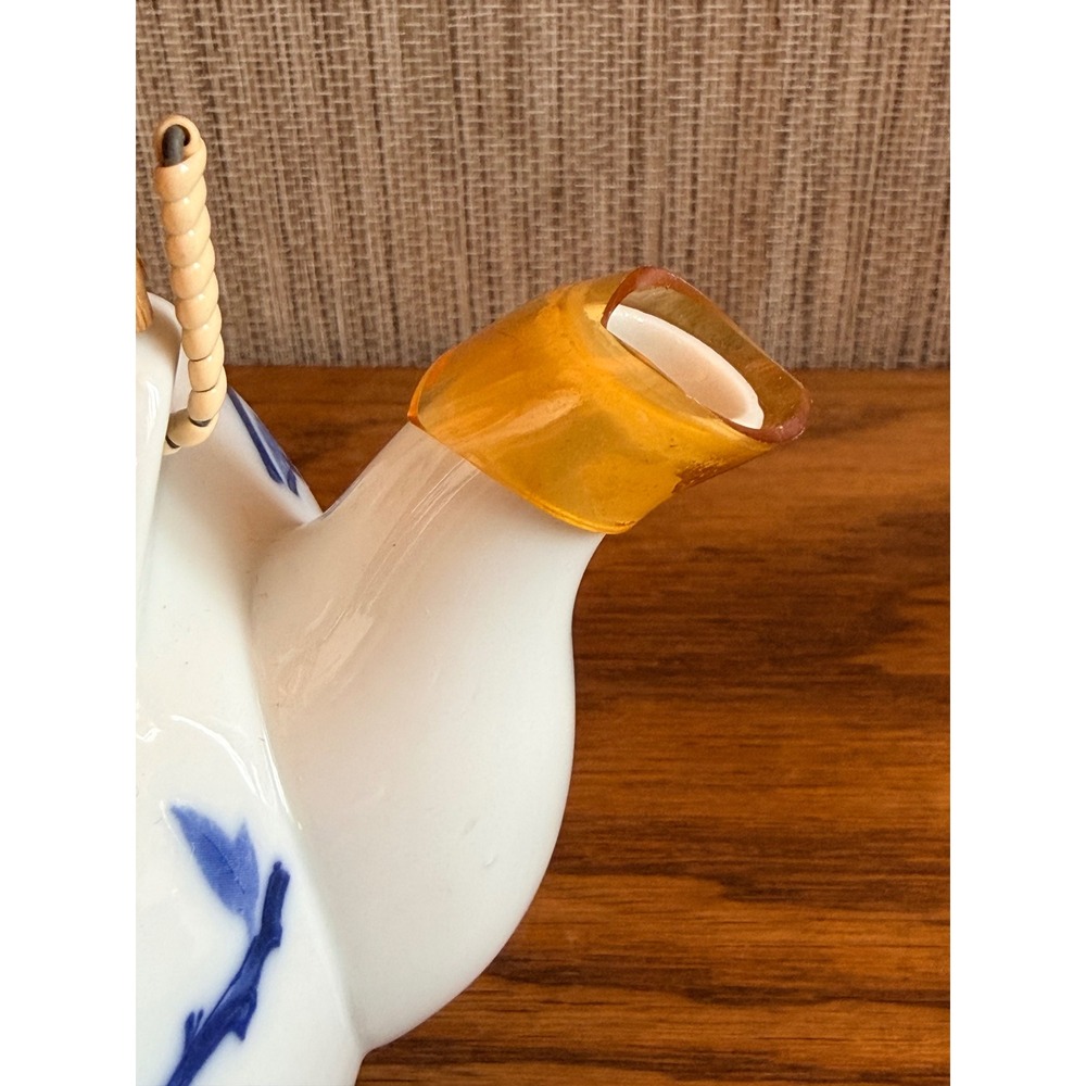 Vintage Blue White Porcelain Dobin Style Teapot with Rattan Handle - Picture 7 of 12